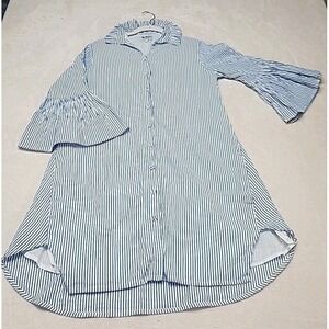 Holly Shae Button Up Flare 3/4 Sleeves Blue & White Stripe Sunseeker Dress Med